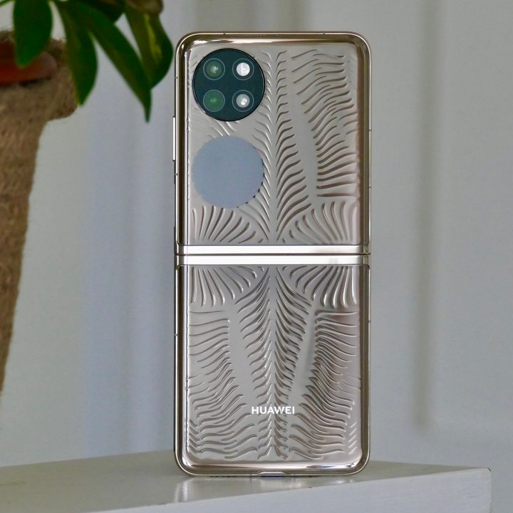 The back view of the Huawei P50 Pocket when open.
