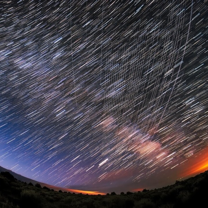 Starlink Satellites pass overhead near Carson National Forest, New Mexico, photographed soon after launch.