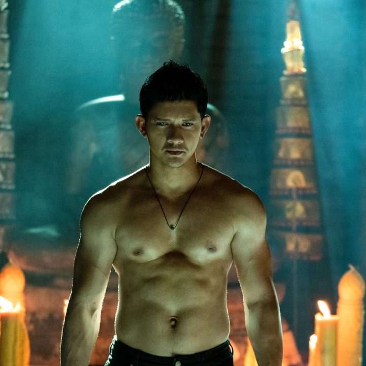 Iko Uwais stands shirtless in a temple in a scene from Fistful of Vengeance.