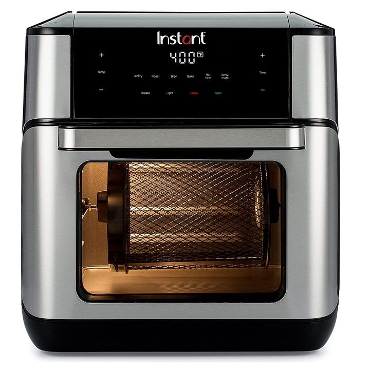 The 10-quart Instant Vortex Plus air fryer with the rotisserie basket inside.