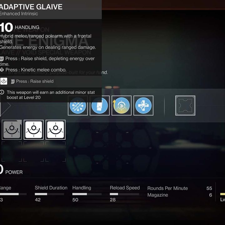 Viewing the list of intrinsic crafting options in Destiny 2.