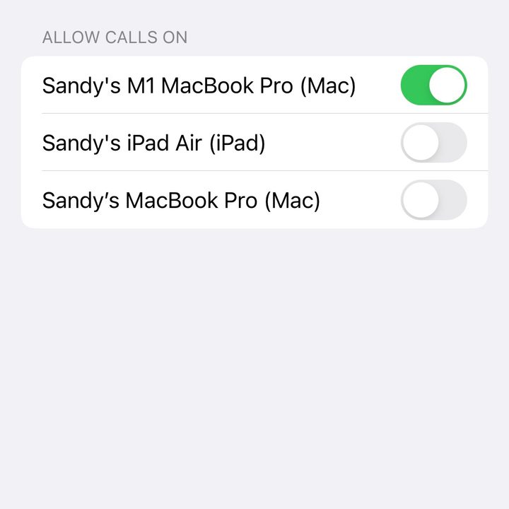 Toggles for Allow Calls on Other Devices and Mac.