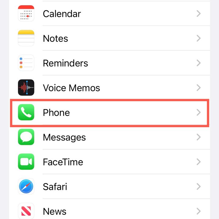 Phone in iPhone Settings.