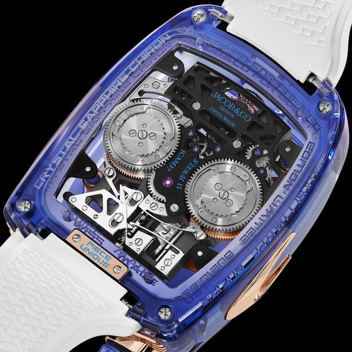 Jacob & Co Bugatti Chiron Blue Sapphire Crystal caseback.