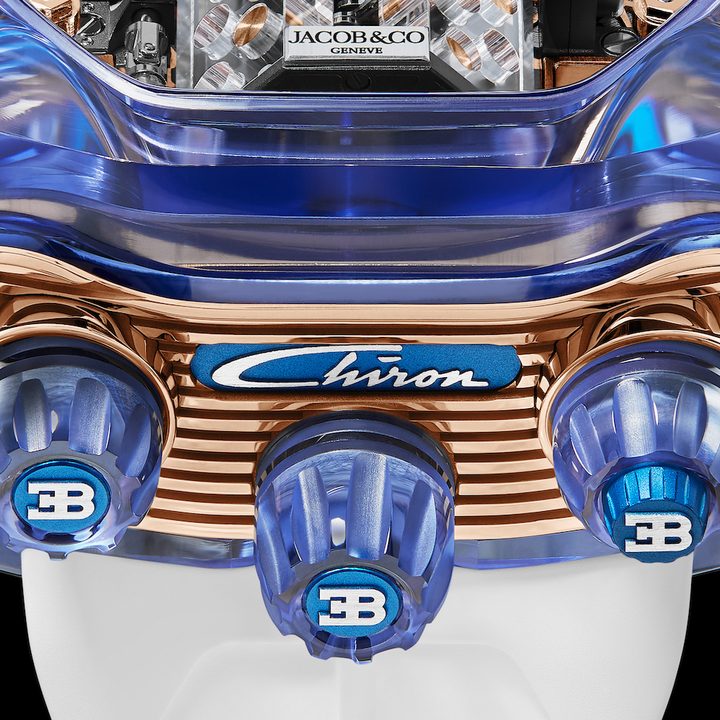 Jacob & Co Bugatti Chiron Blue Sapphire Crystal crown and pushers.