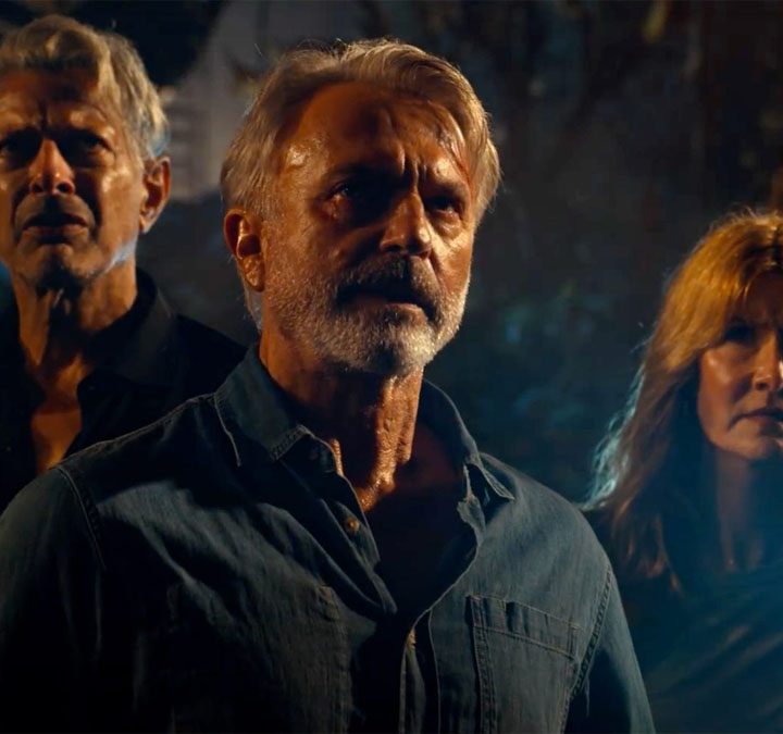 From left, Jeff Goldblum, Sam Neill, and Laura Dern return in Jurassic World: Dominion.