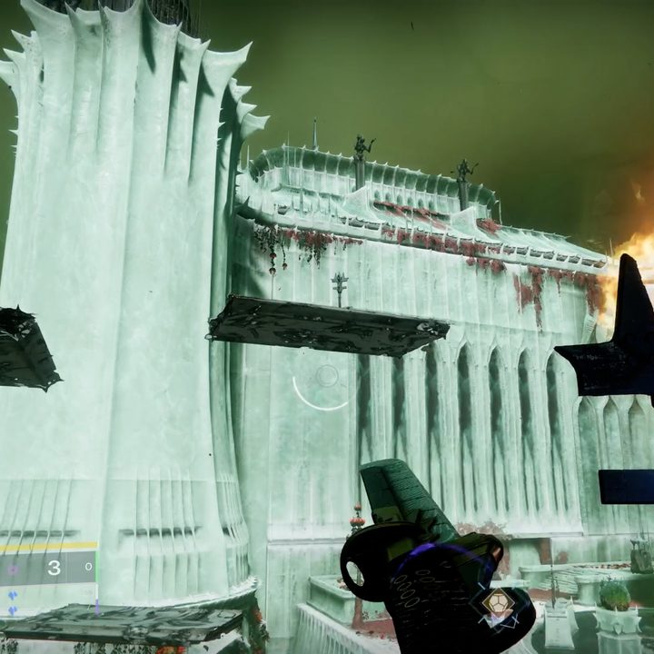 The player lights torches to cross a platforming puzzle in Destiny 2.