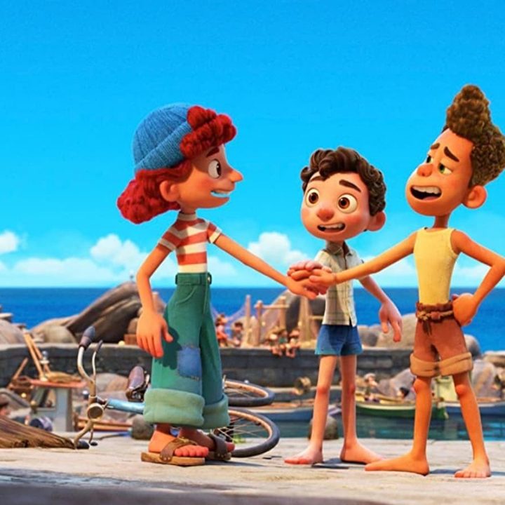Giulia, Luca, and Alberto shake hands in Disney's Luca.