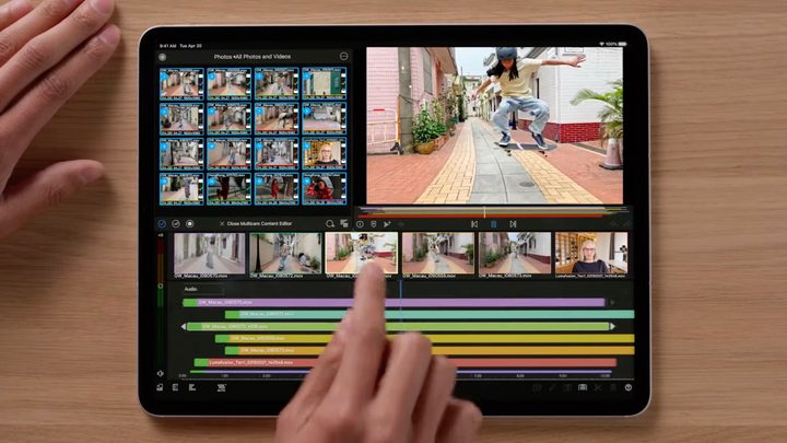 A tablet featuring the LumaFusion video editing app.