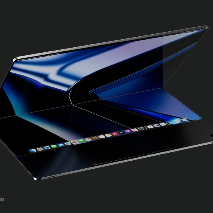 A concept visual of a foldable screen MacBook Folio.