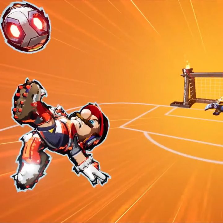 Mario kicks a ball into the goal with a backflip.