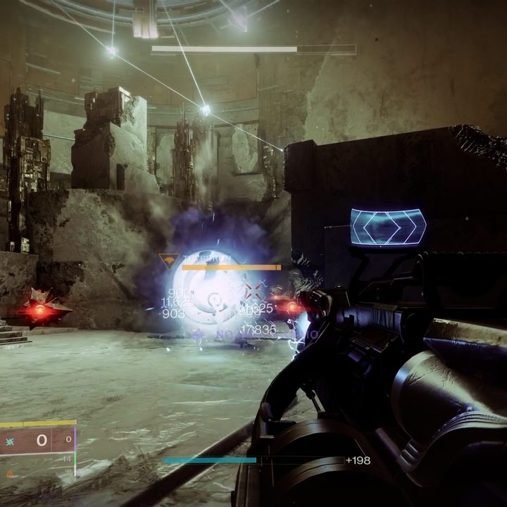 The player is firing a barrage of missiles at enemies from Grand Overture in Destiny 2.