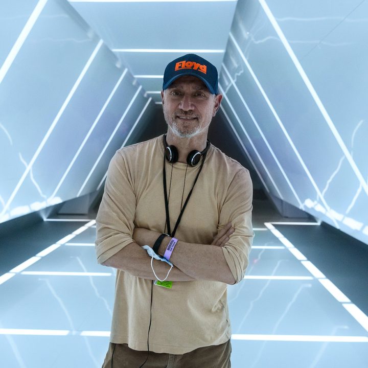 Roland Emmerich stands on the set of the film Moonfall.