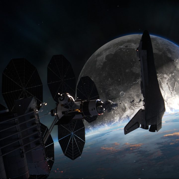 A shuttle floats through space with the moon in the background in a scene from Moonfall.