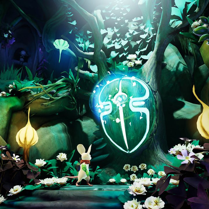 Quill approaches a giant tree with a marking on it in Moss: Book II.
