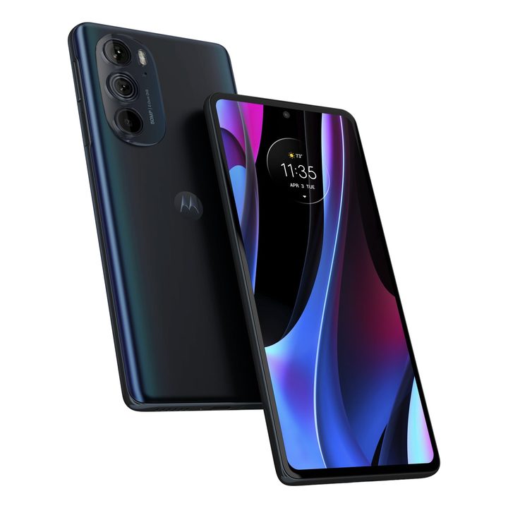 Two Motorola Edge Plus smartphones showing front and rear of device.