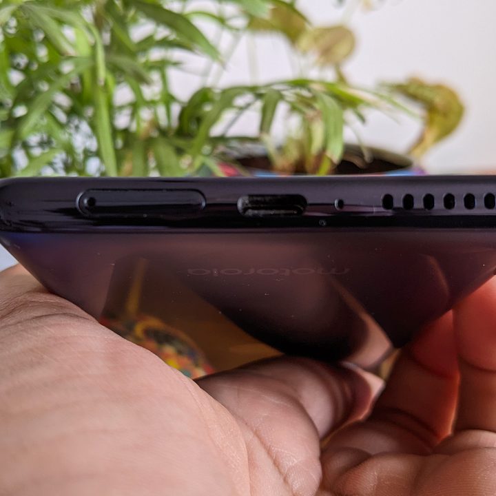 The bottom of the Motorola Edge Plus (2022) has the primary speaker, the primary microphone, and the USB Type-C port.