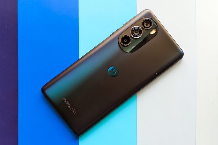 Motorola Edge Plus 2022 on a background with multiple shades of blue.