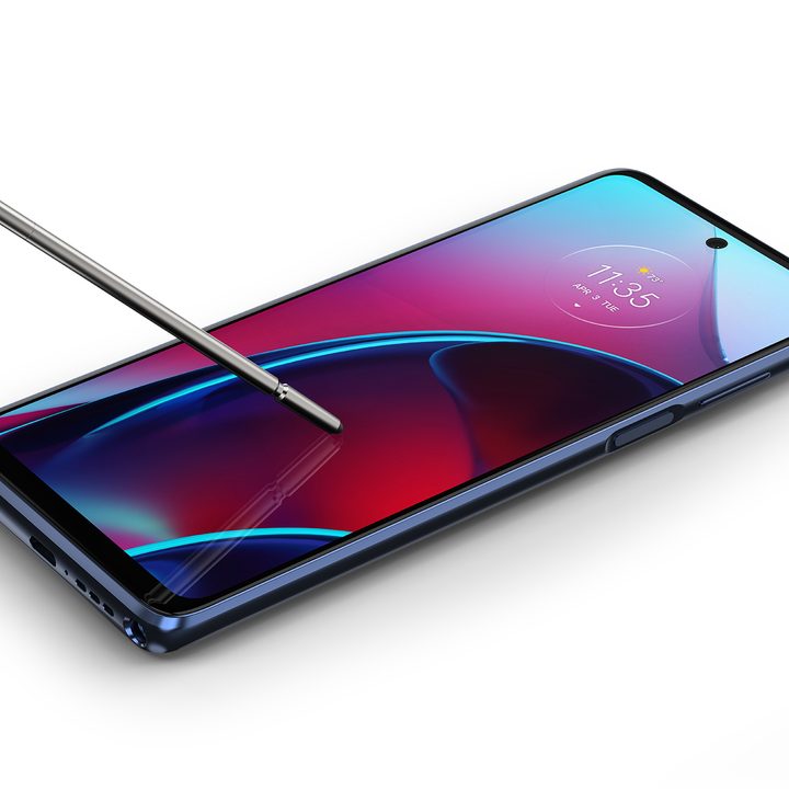 The Motorola Moto G Stylus 2022 in blue color against a white background.