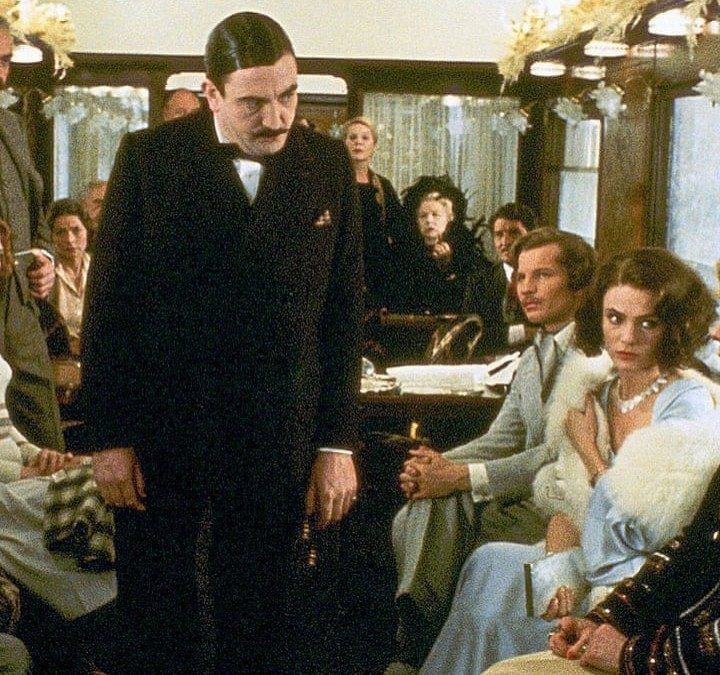 Poirot presents his case to some suspects in Murder on the Orient Express