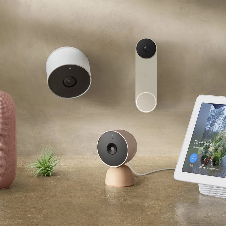 Nest devices grouped together on a counter.