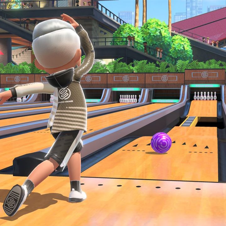 The player throws a bowling ball in Nintendo Switch Sports.