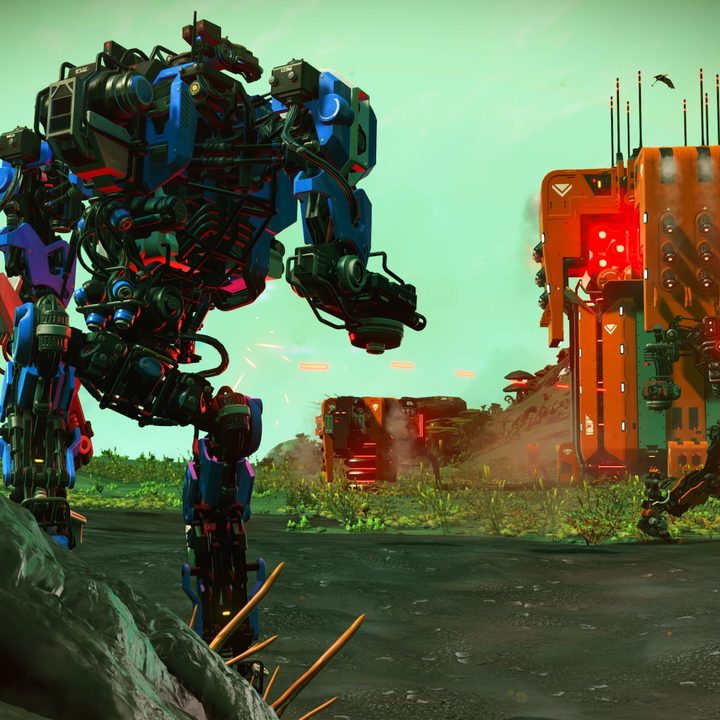 A Minotaur mech faces off against the Sentinels in No Man's Sky.