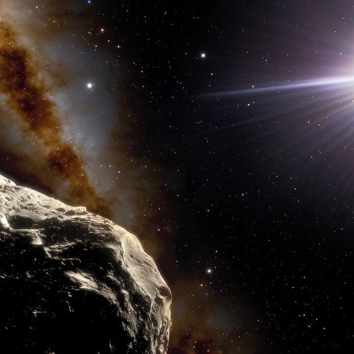 Artistic impression of an asteroid in the foreground with the Milky Way and a bright star in the background.
