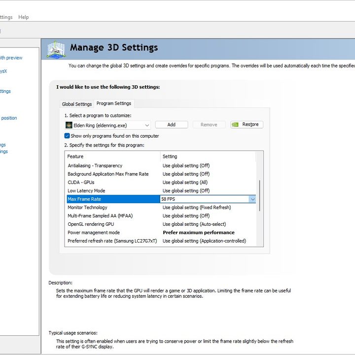 Settings for Elden Ring in the Nvidia Control Panel.