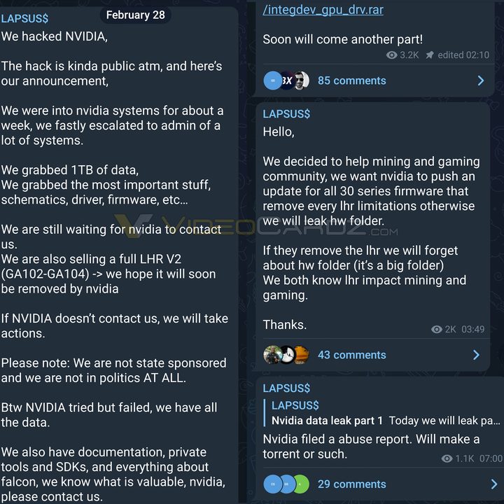 The Telegram posts detailing the Nvidia cyberattack.