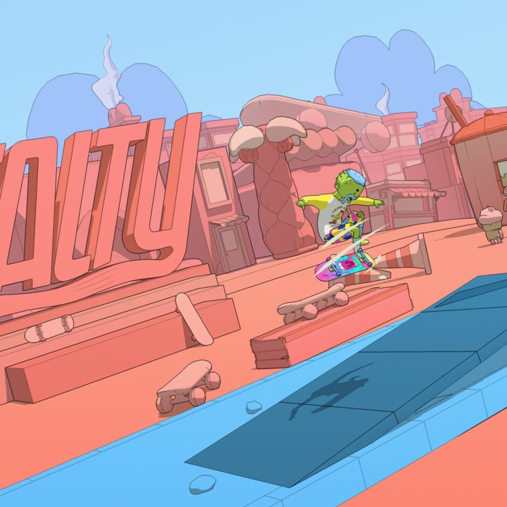 The player character jumping off a ramp in Sunshine Valley, the first region players visit in OlliOlli World.