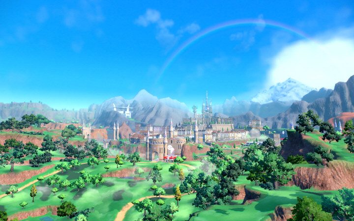 Pokemon Violet and Scarlet's open world under a blue sky.