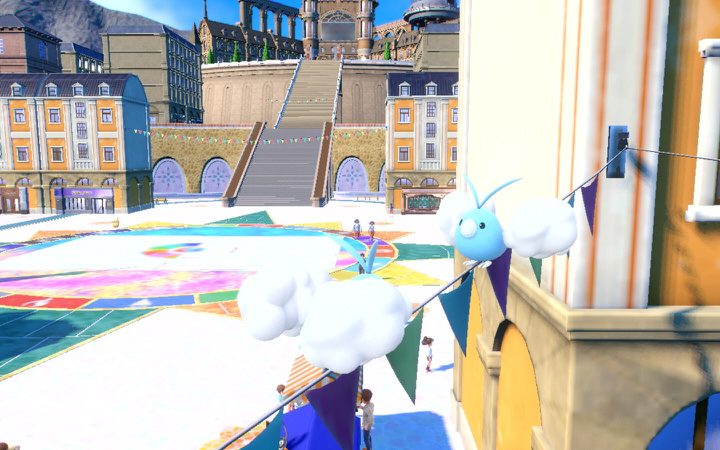 Swablu sit on a banner in Pokemon Violet and Scarlet.