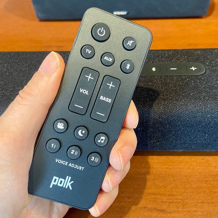 The Polk Signa S4 Dolby Atmos 3.1.2 soundbar's remote control.
