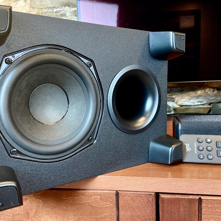 The Polk Signa S4 Dolby Atmos 3.1.2 soundbar's subwoofer.