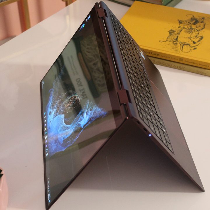 A Samsung Galaxy Book 2 360 open in tent mode.
