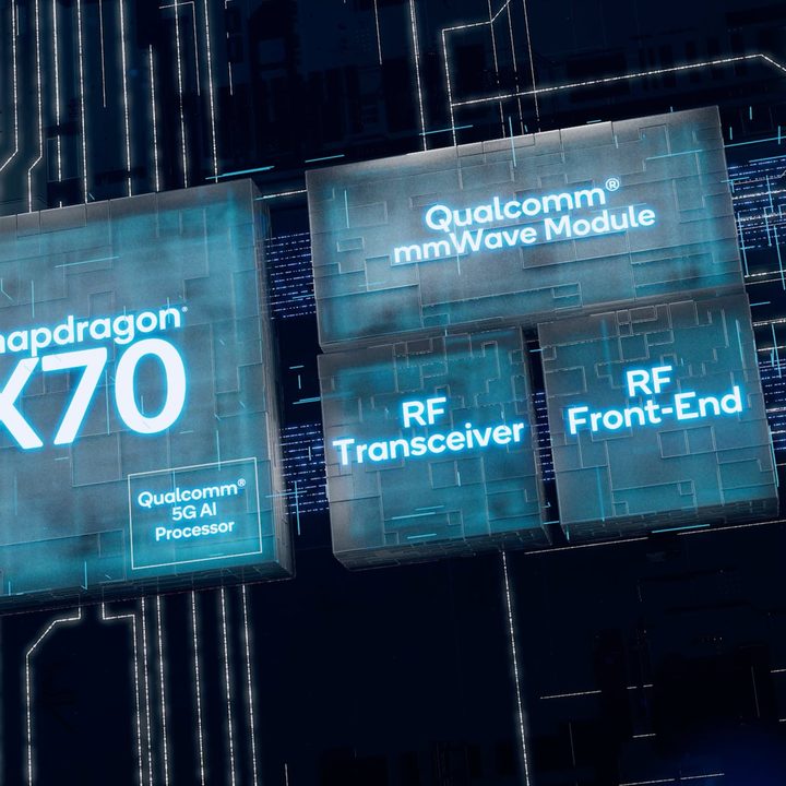 Conceptual image of Qualcomm Snapdragon X70 chip witih additonal mmWave, AI, and RF modules.