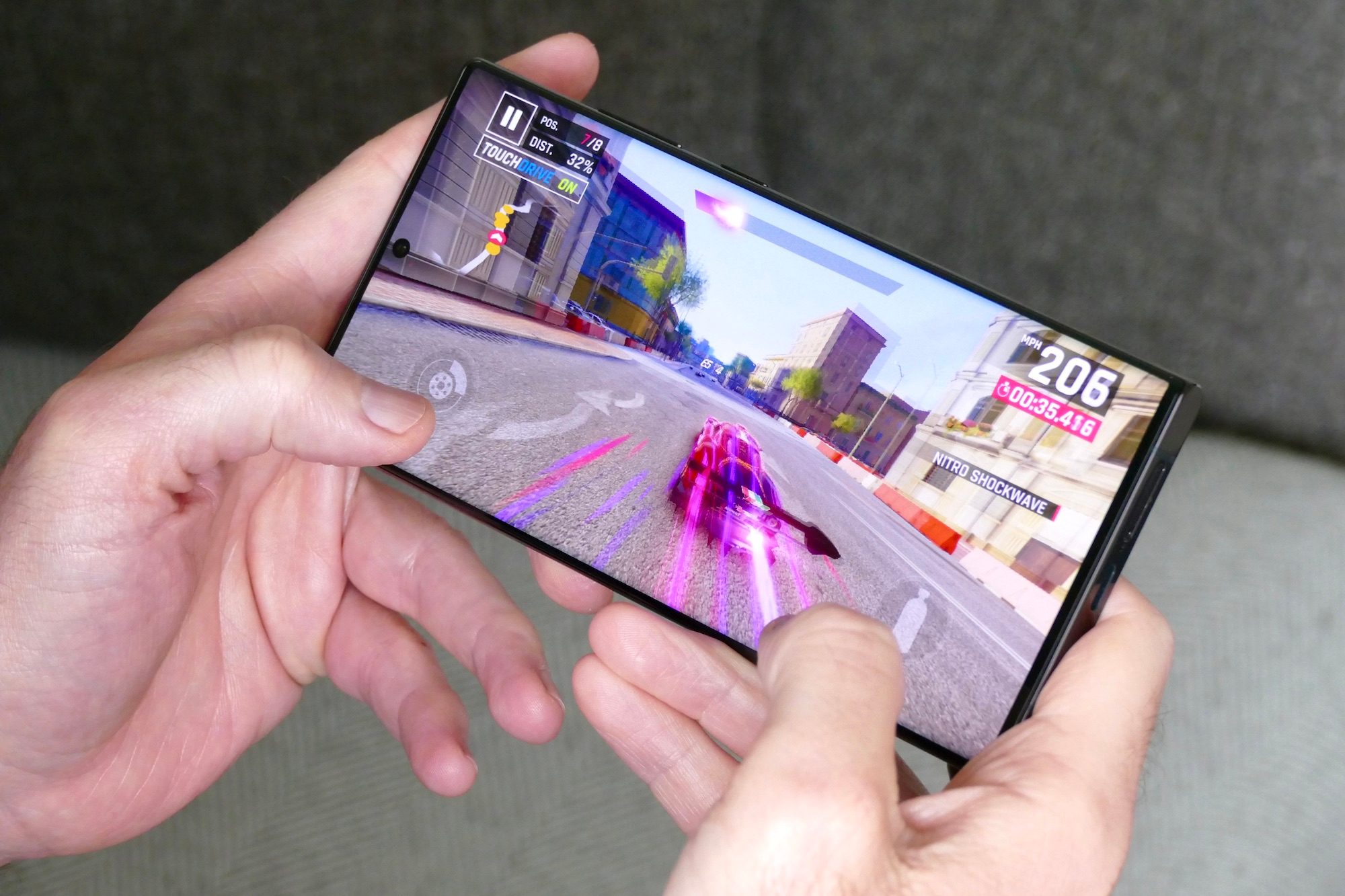 Playing Asphalt 9 on the Galaxy S22 Ultra.