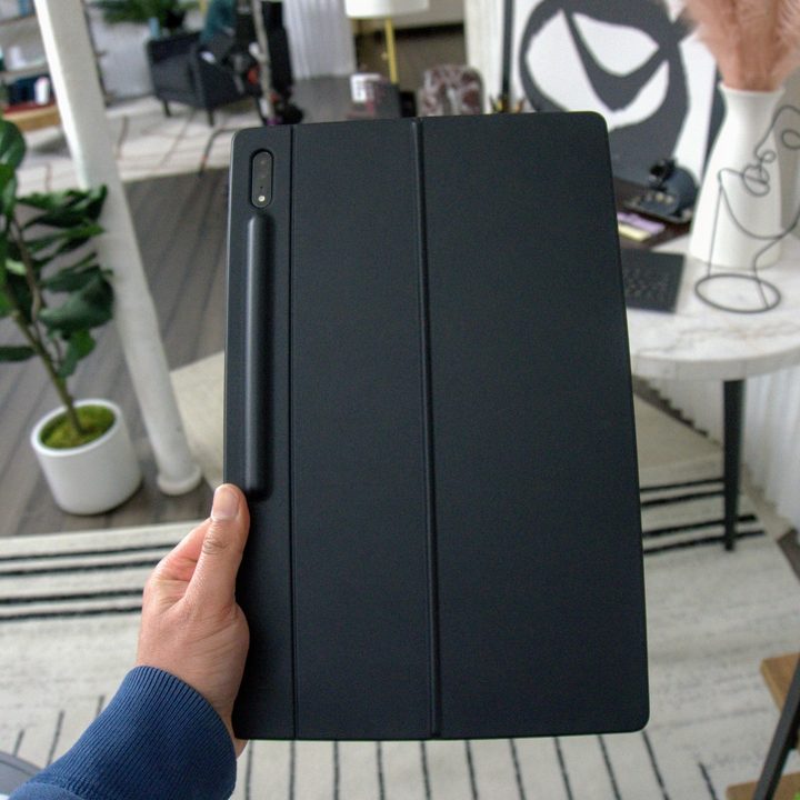 A Samsung Galaxy Tab S8 with a cover.
