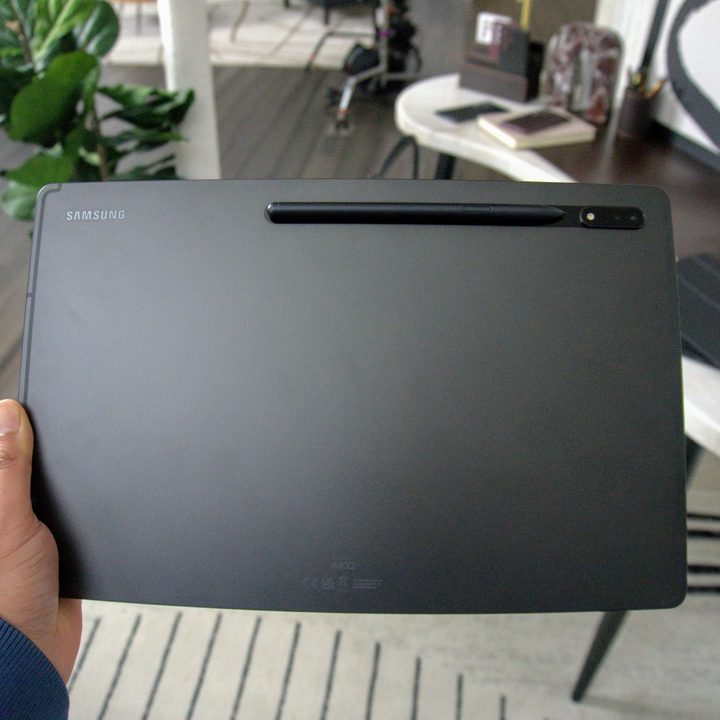 The Samsung Galaxy Tab S8 held up showing the back with pen attached.
