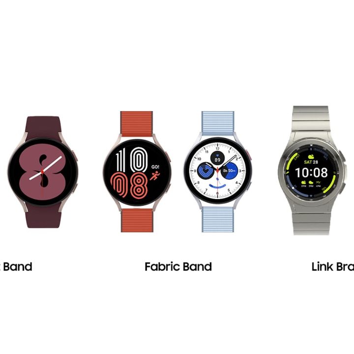 Six Samsung Galaxy Watch 4 devices showing new sport band, fabric band, and link bracelet options.