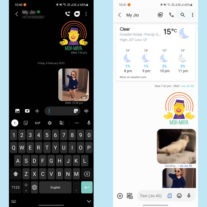 RCS Chat messaging features in Samsung Messages and Google Messages against a light blue background.