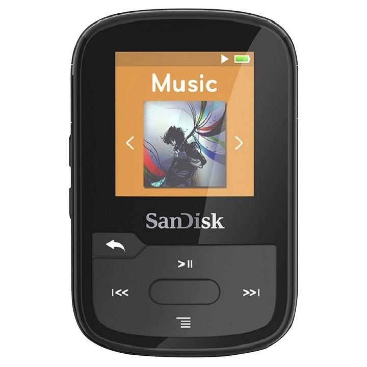 The SanDisk Clip Sport Plus MP3 player with album art on the screen.