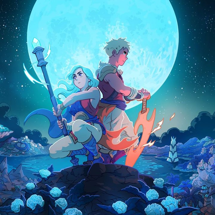 The Solstice Warriors stand under a full moon in Sea of Stars' key art.