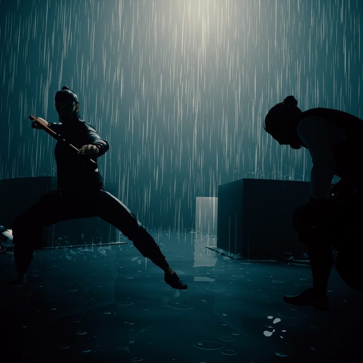 Sifu's main character attacking an enemy in the rain.