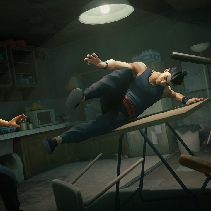 Sifu's main character jumps over a table as two enemies attack.