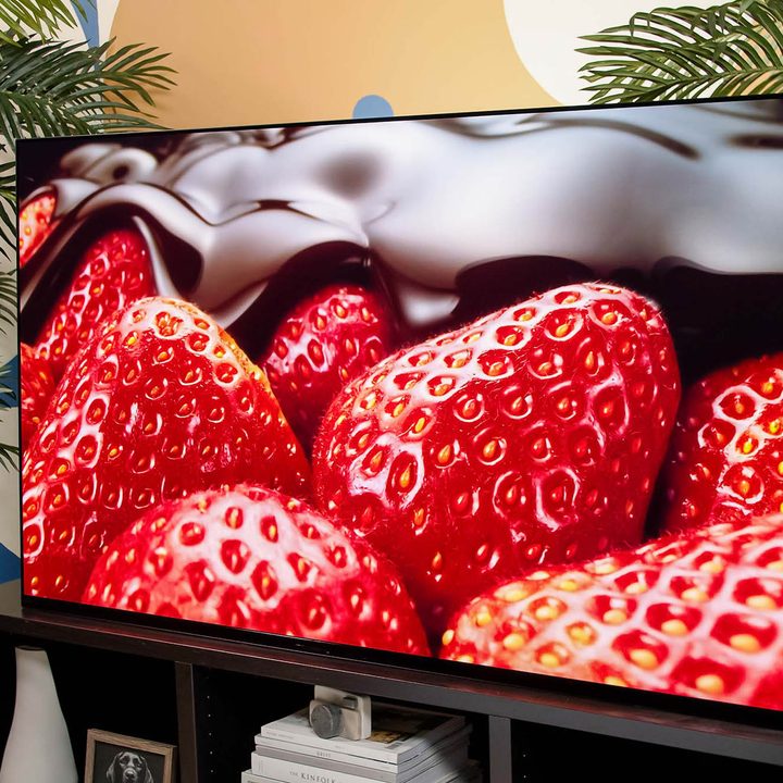 An image of strawberries displayed on the Sony A95K TV.