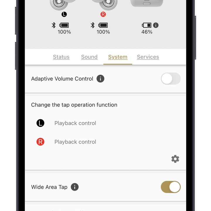 Sony Headphones app settings screen.