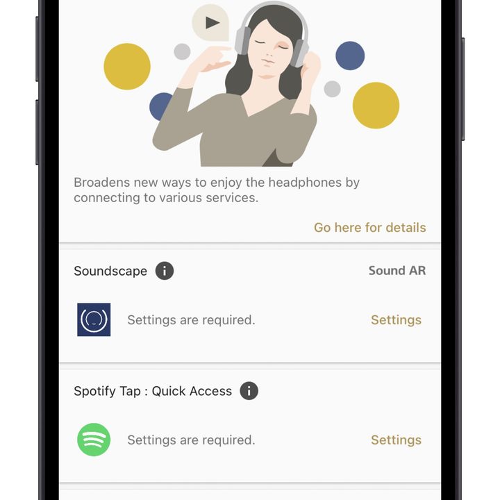 Sony Headphones app settings screen.