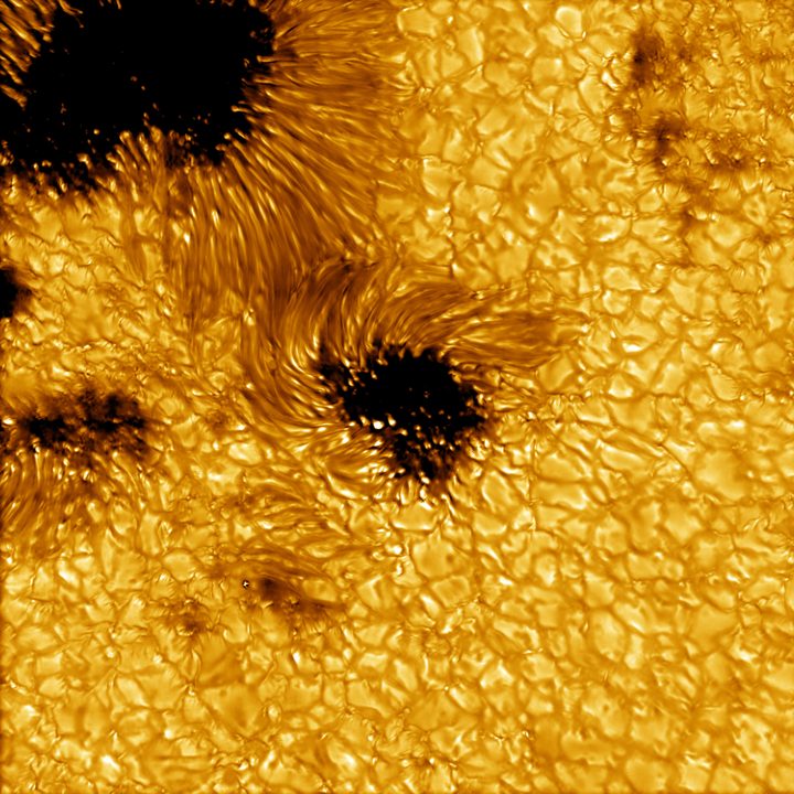 High-resolution image of solar sunspots captured by the Inouye Solar Telescope.